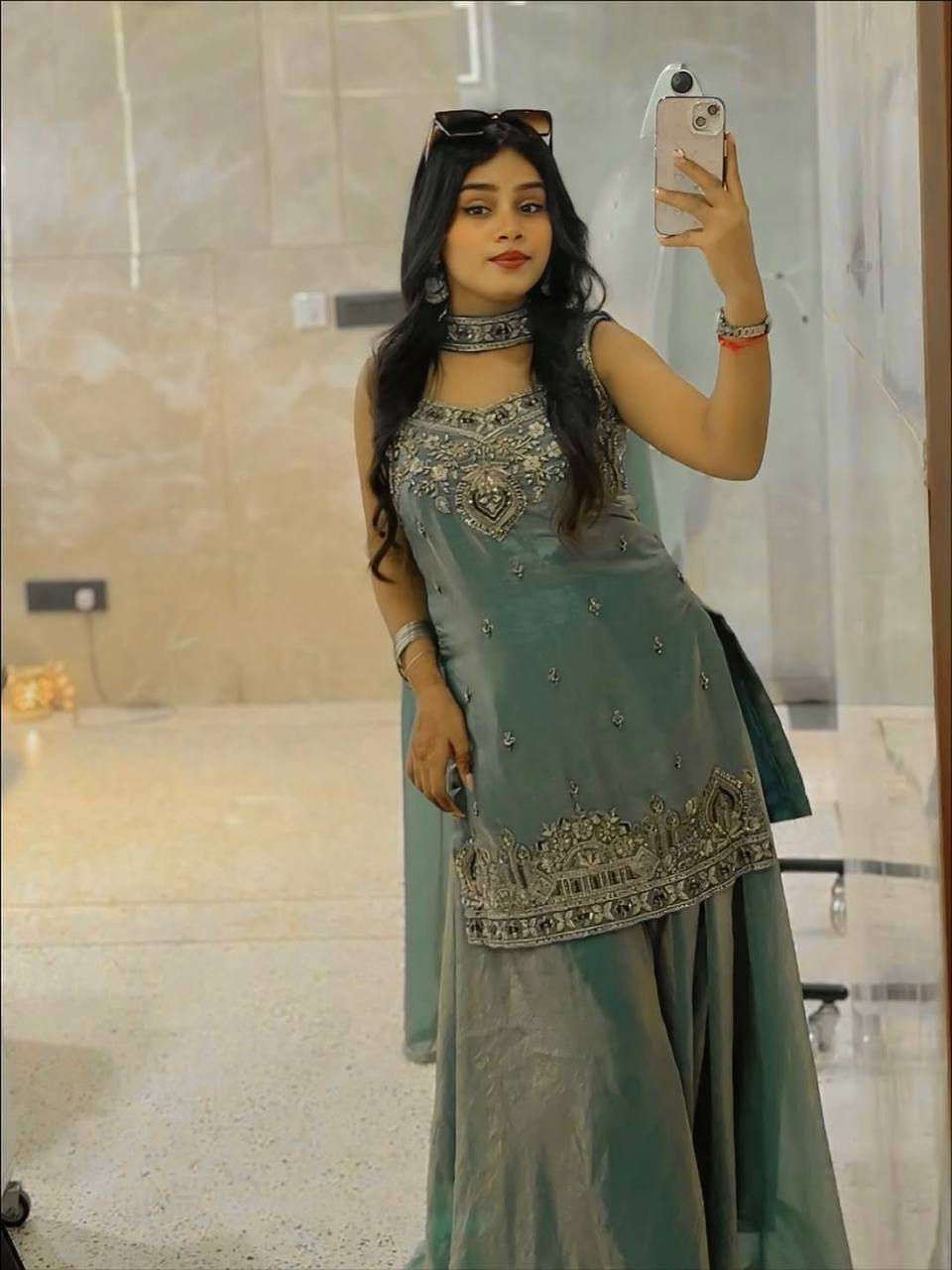 Designer Sea Green Color Sharara Suit For Women