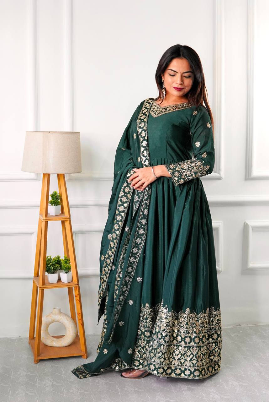 Amazing Green Colour Chinon Silk Anarkali Gown With Dupatta