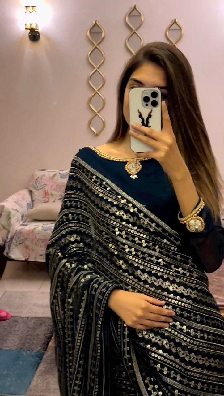 Thumbnail: Amazing Foux Georgette With Heavy Sequence Work Party Wear Saree