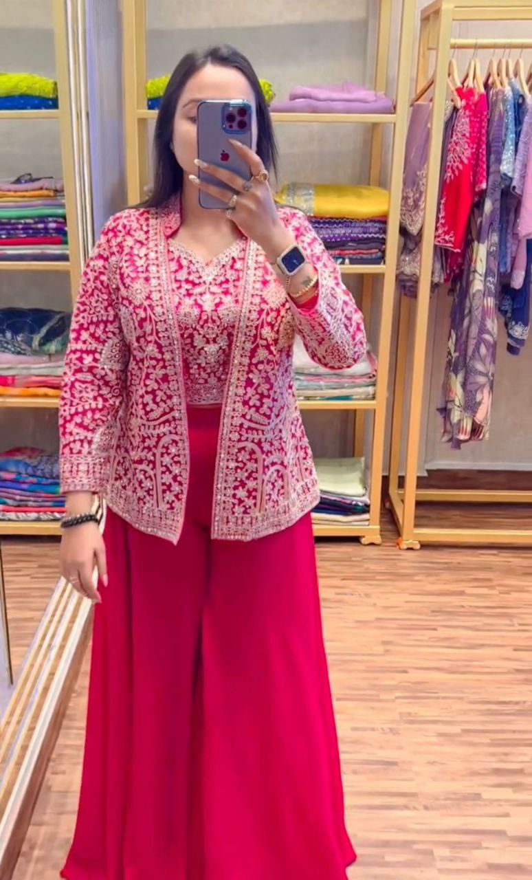 Indo-Western Style Designer Embroidery With Sequence Work Top With Plazo Set