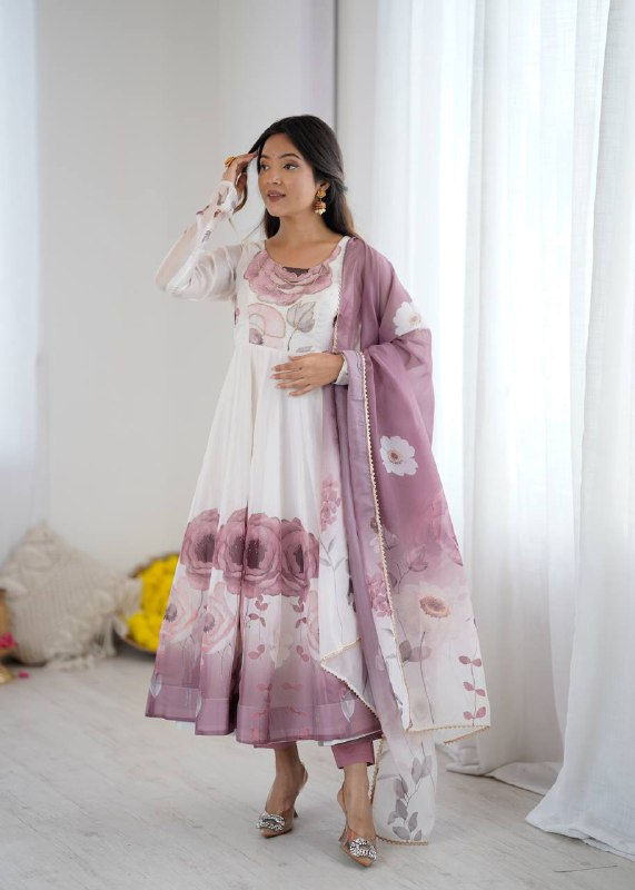 Thumbnail: White With Lavender Color Anarkali Suit With Dupatta
