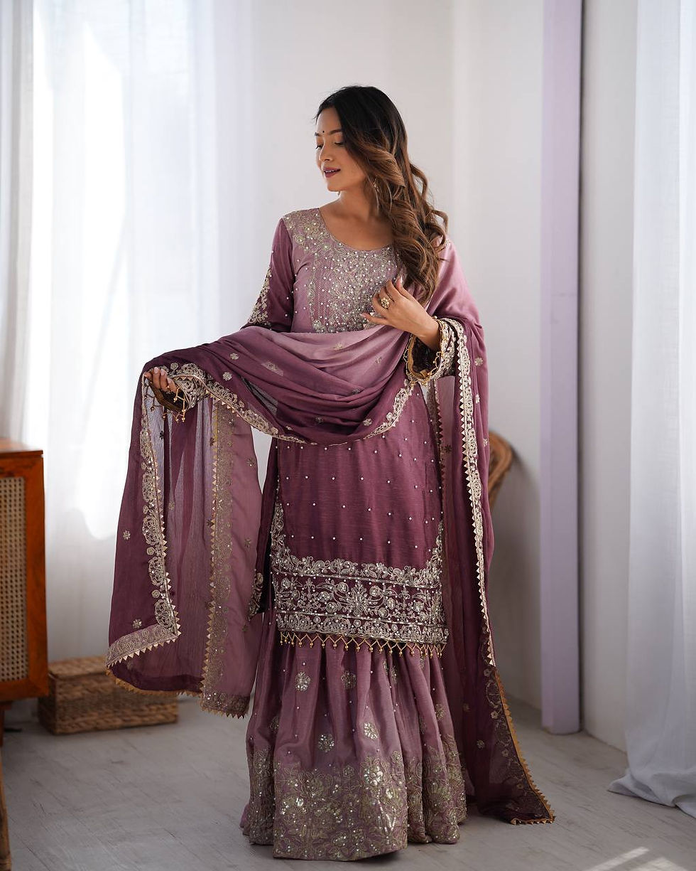 Light Purple Color Chinon Silk Sequence With Rivet Moti Work Sharara Suit