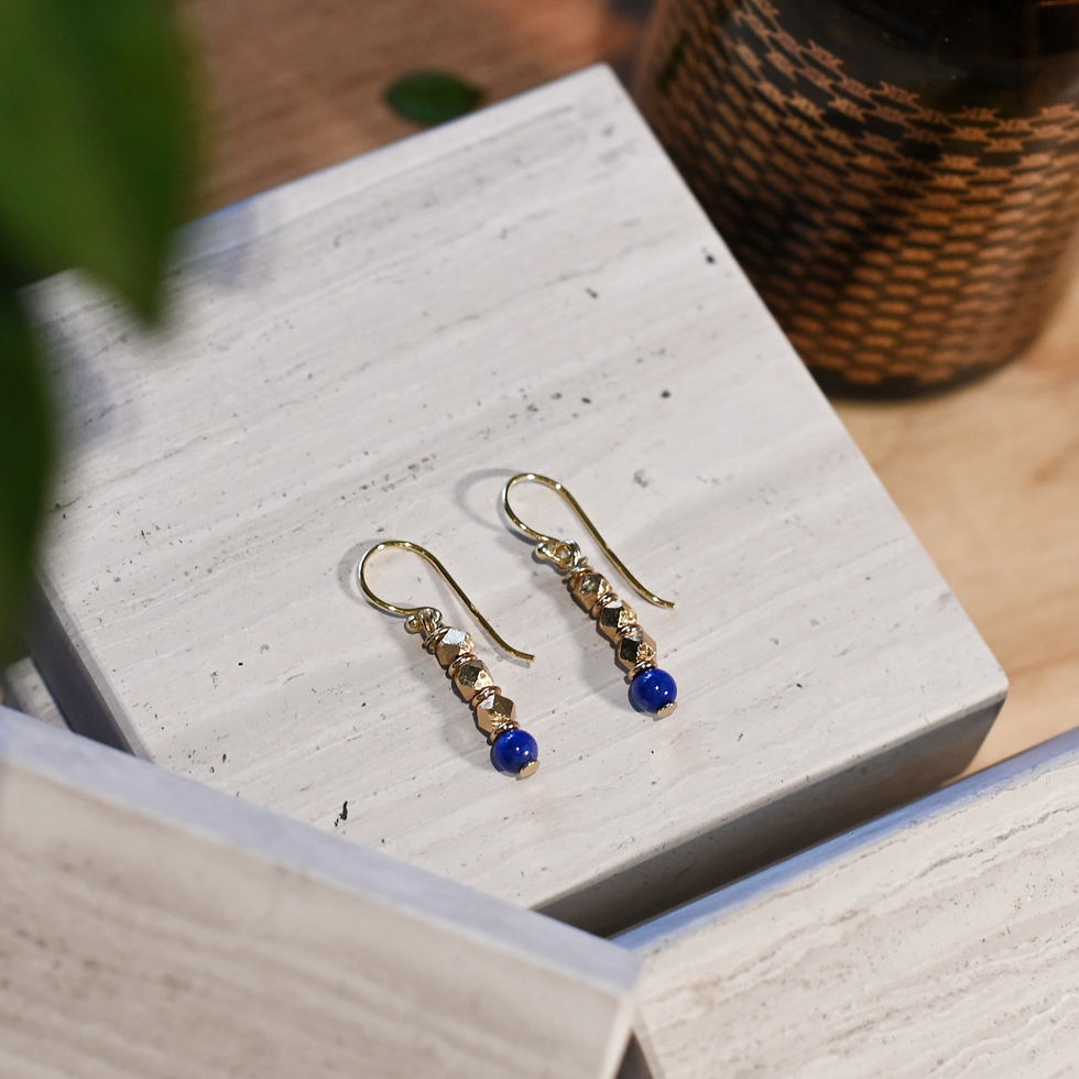 Thumbnail: Blue Lapis Lazuli & Faceted Gold Beaded Dangle Earrings