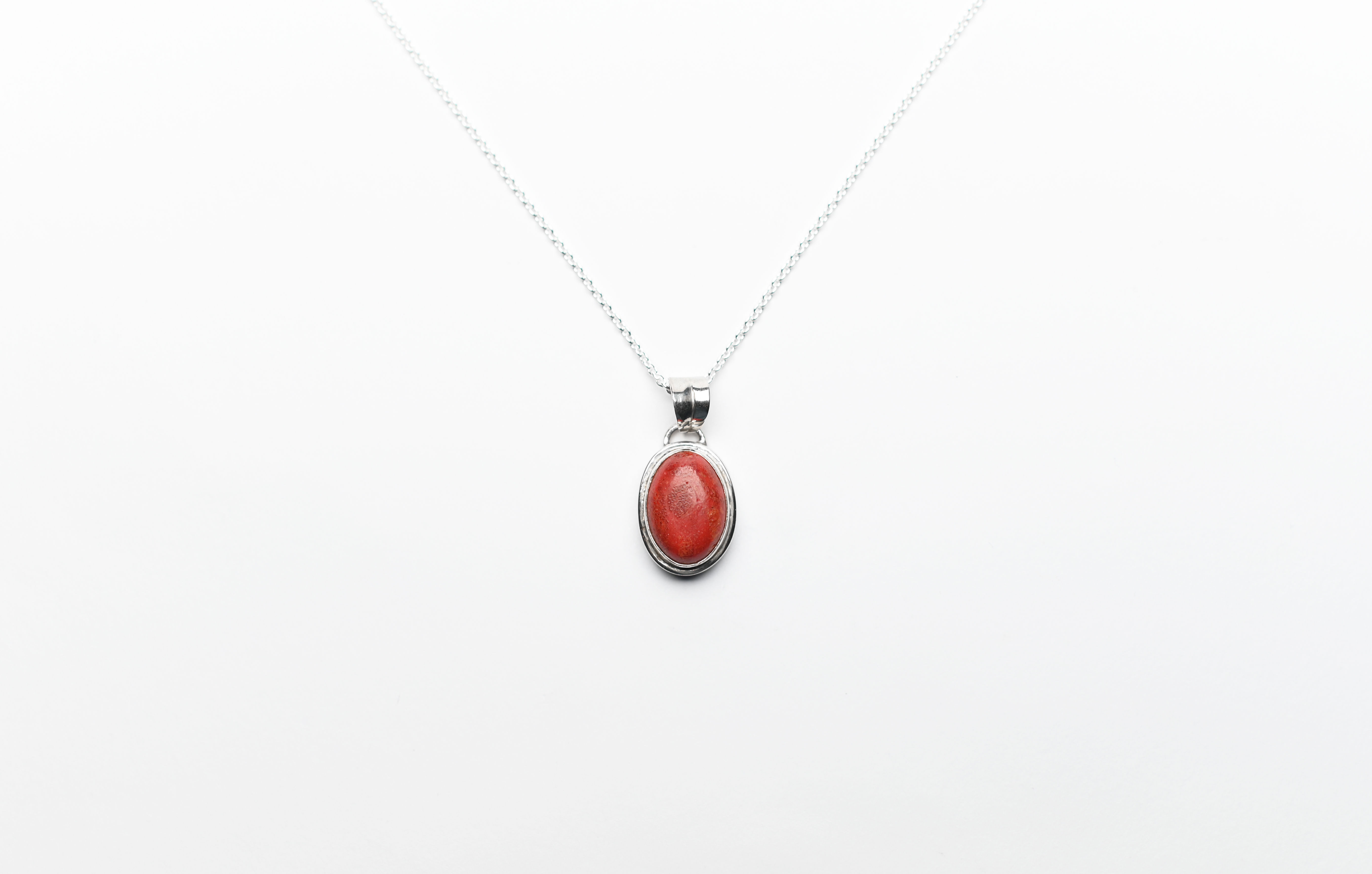 Oval Coral Gemstone Silver Pendant