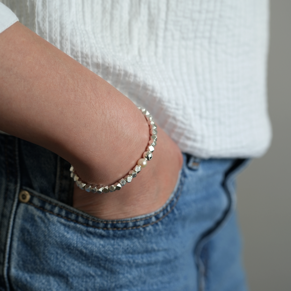 Thumbnail: HANADAMA Akoya Pearl Single (6mm) Faceted Silver Bracelet