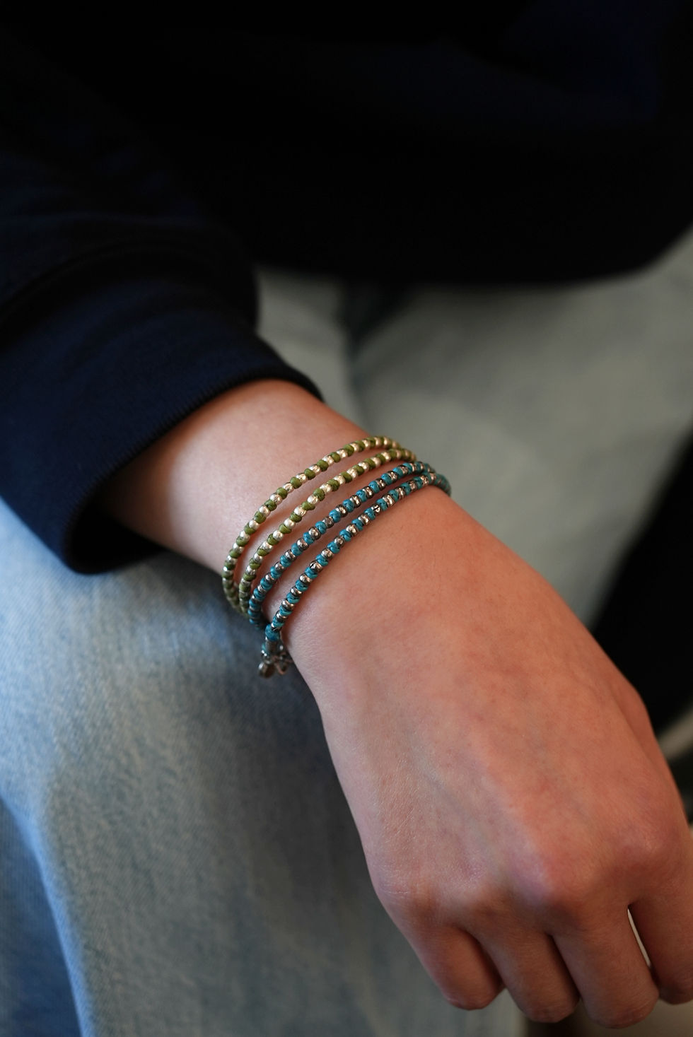 Thumbnail: Silver Beads Double Wrap Blue Cotton Wax Bracelet