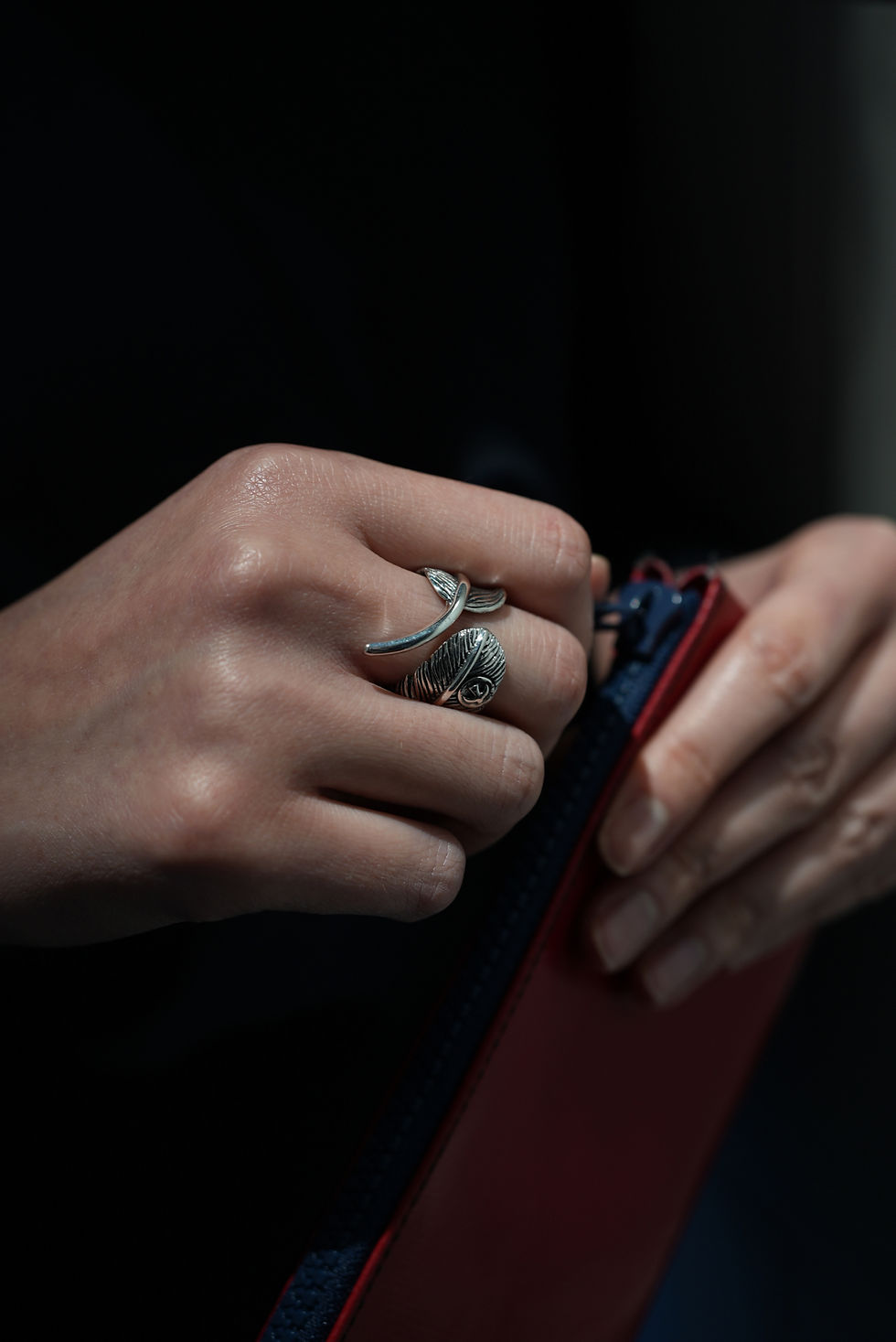 Thumbnail: Adjustable Feather Oxidised Silver Ring