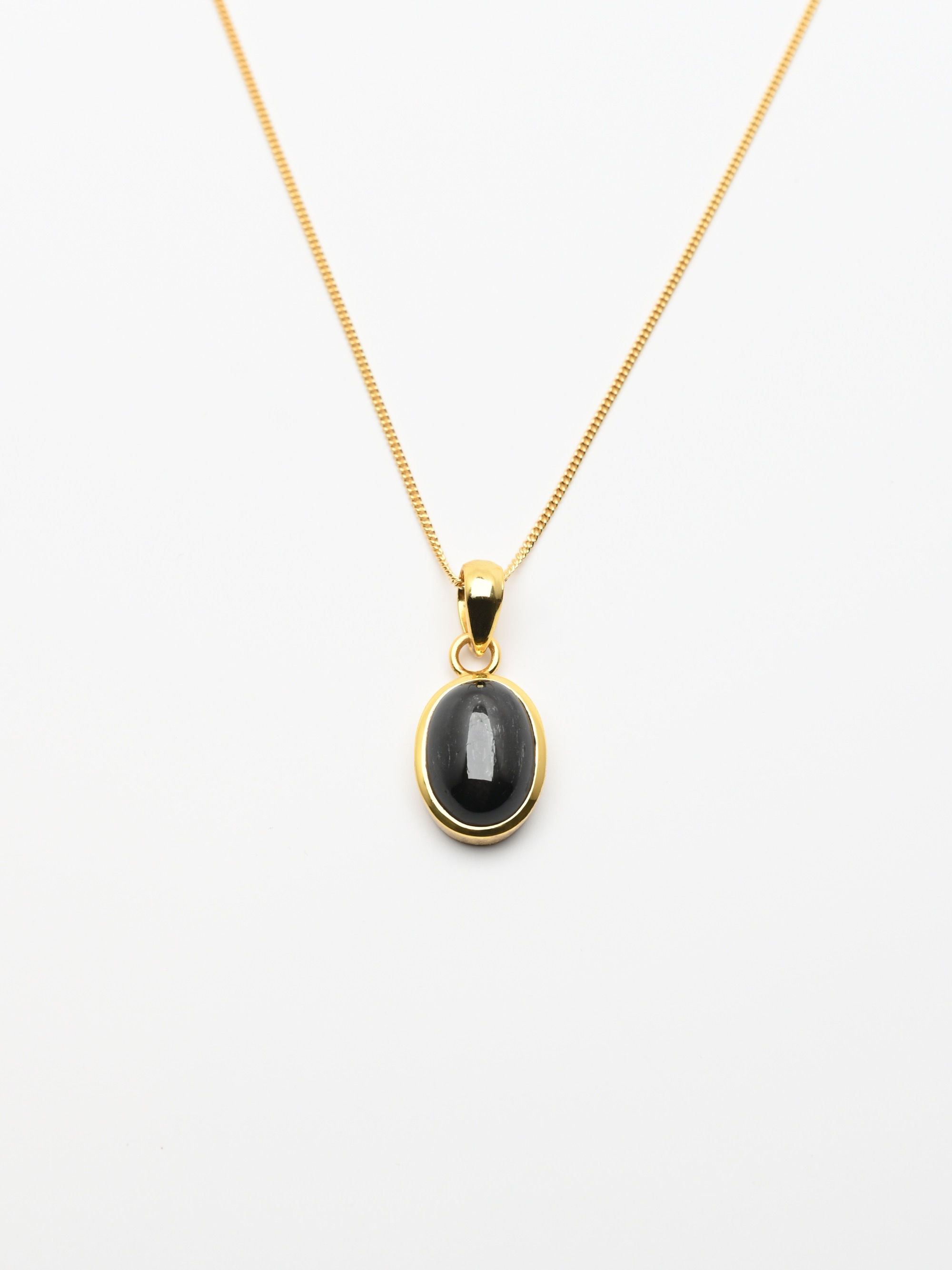 Oval Black Star Sapphire Gemstone Gold Pendant on Gold Chain Necklace