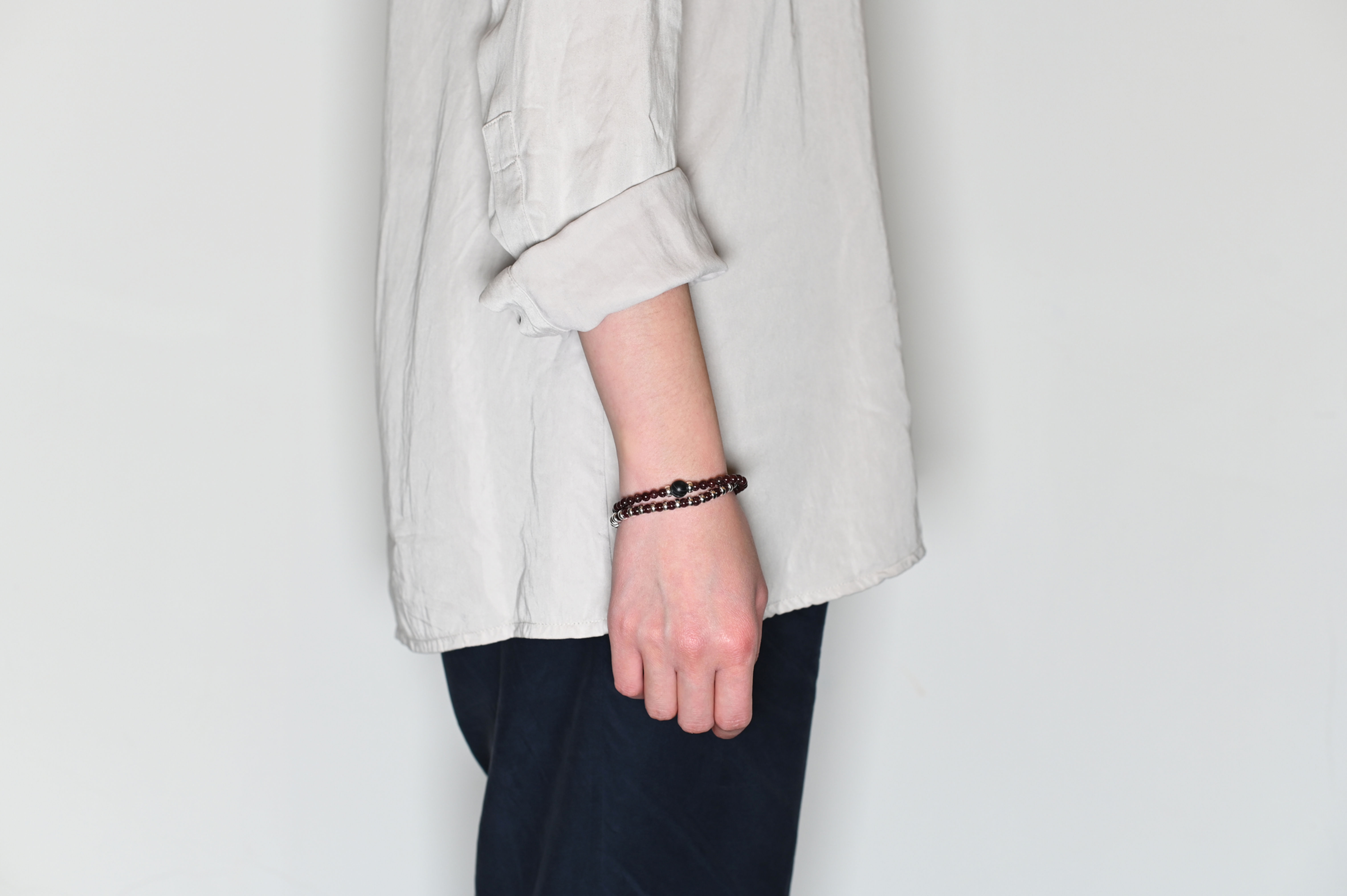 Garnet & Black Agate Double Wrap Silver Bracelet