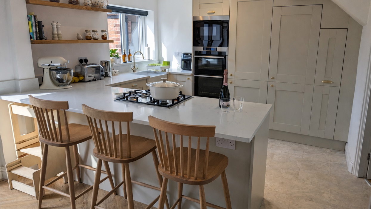 Bespoke Symphony Cranbrook kitchen in Wirral with matt stone units and quartz worktops