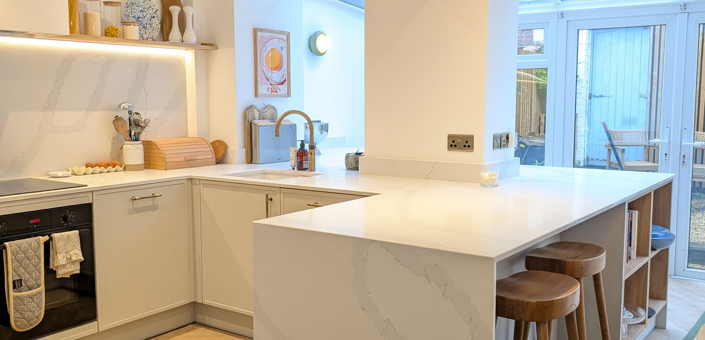 Open plan kitchen in West Kirby Wirral with natural light, smart storage solutions and modern layout