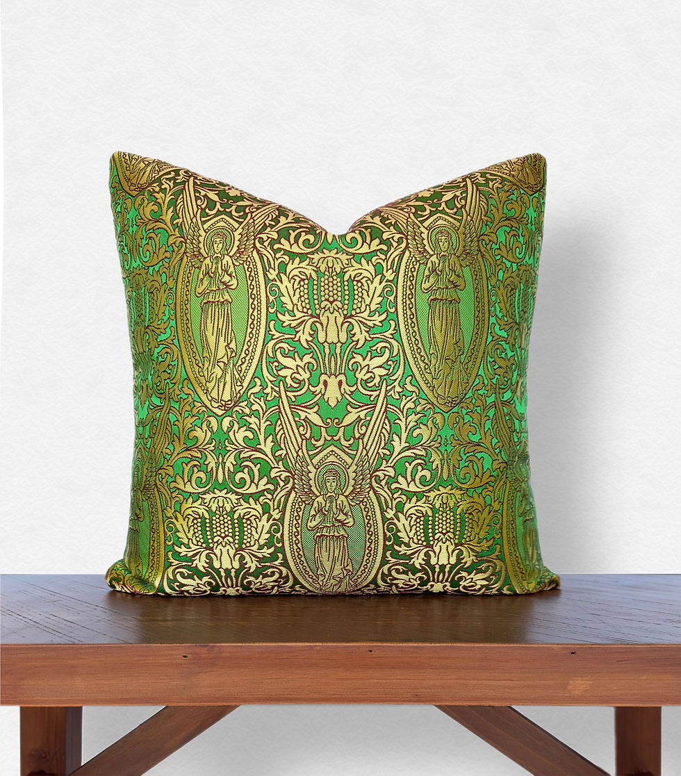 Thumbnail: Emerald Green and Gold Brocade Liturgical Angels Pillow - 18" x 18"