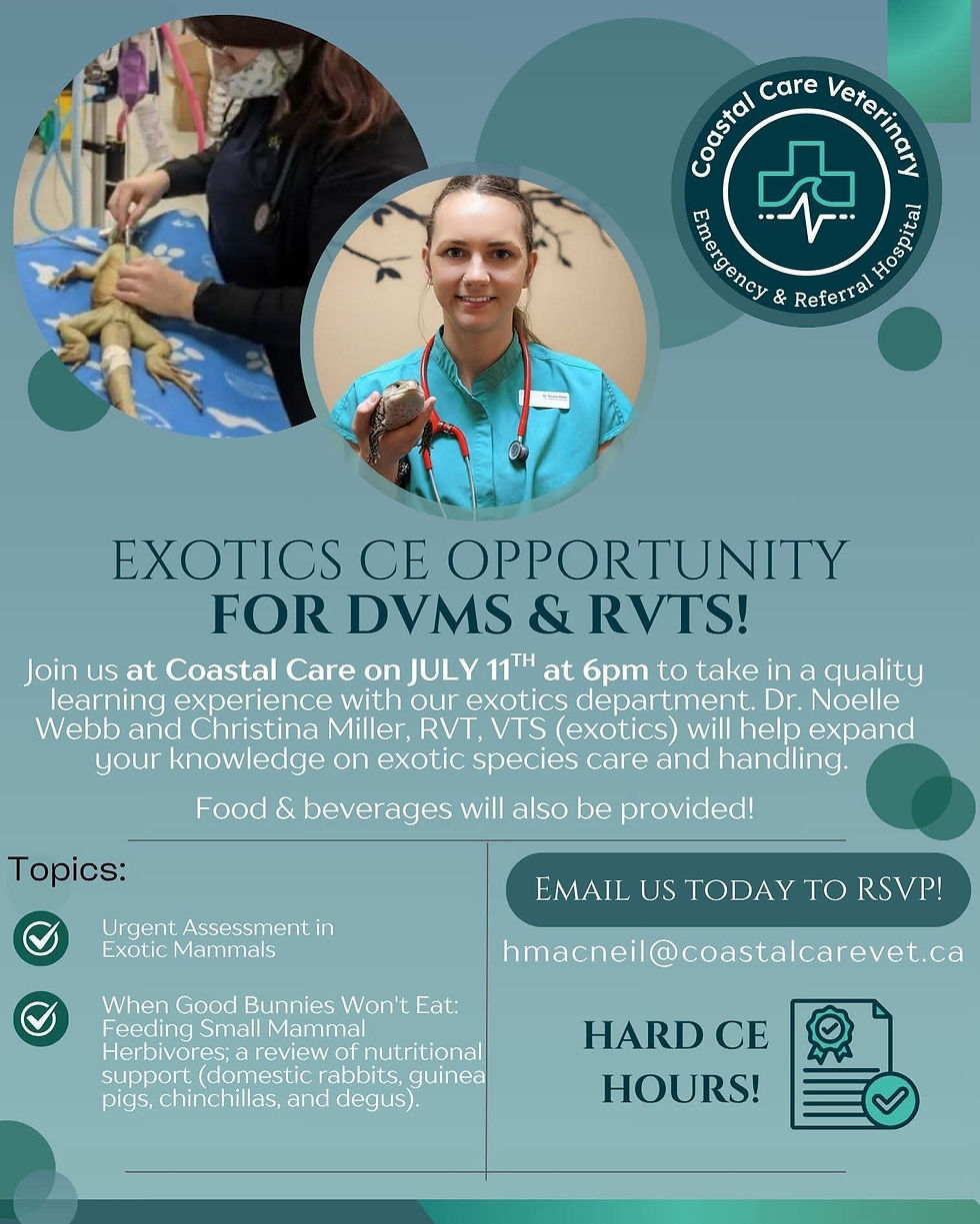 poster with information on a local continuing education event for veterinary professionals in halifax about emergency care and nutritional support for exotic companion mammals