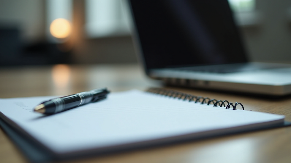 Eye-level view of a notepad and a laptop on a table