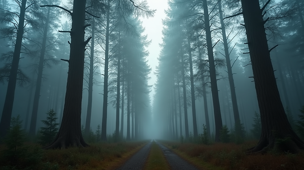 Eye-level view of a misty forest with tall trees