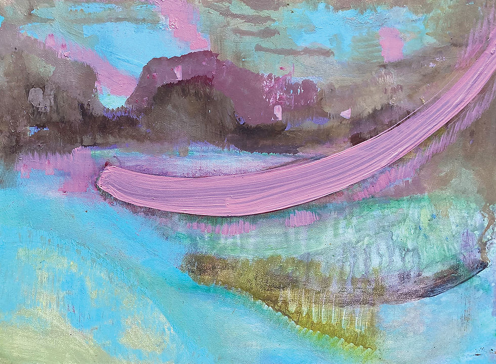 Pixies Cove. Abstract painting with a pink brushstroke sweeping across blue, purple, and brown textured layers; no text visible.