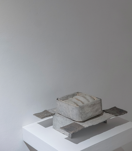 Reliquary, 2026, lead, wool, cotton, chalk distemper, thread, filler in cast from vintage barquette mould by Cornish Artist Jamie Mills