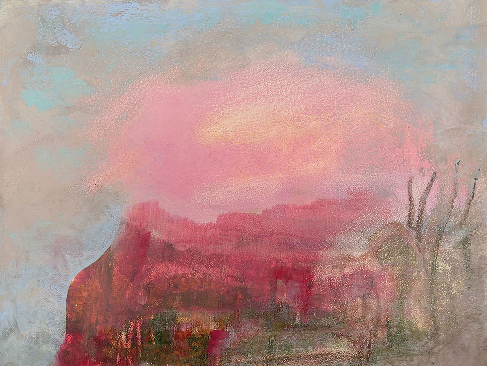 Hazy Summer Day Prussia Cove.
Abstract pastel landscape with a large pink cloud over red hills and pale blue sky, soft misty mood, no text visible