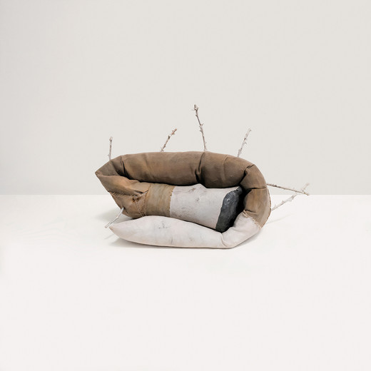 Untitled (Eloquence), 2026, wood, linen canvas, lead, cotton, wool, chalk distemper, beeswax, resin, thread, fastenings, bramble, oil by Cornish Artist Jamie Mills