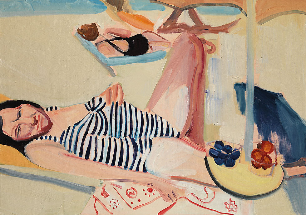 Blue Moon Spiaggia with Fruit, 2023, oil on canvas 70 x 100 cm. © Chantal Joffe. Courtesy the artist and Victoria Miro