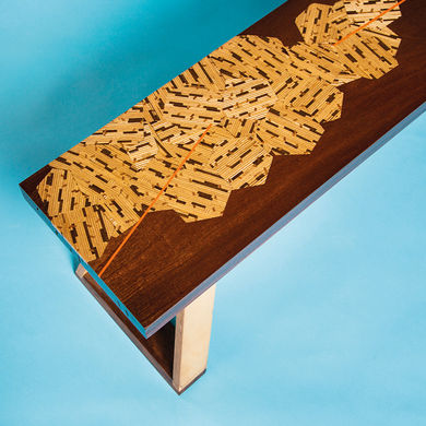 Bespoke bench – sapele top with a hexagonal cascade pattern made by Stratum Marquetry