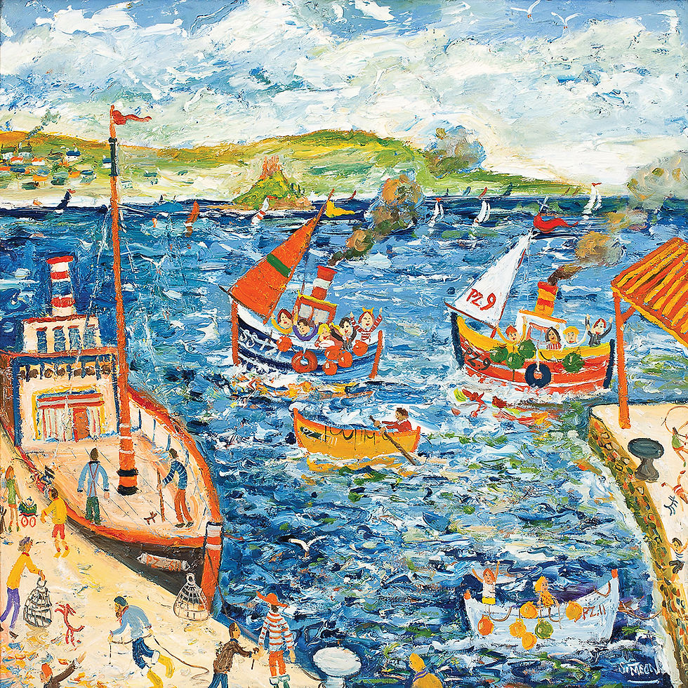 Colorful seaside painting with sailboats, rowboats, and people in a busy harbor under a cloudy blue sky.