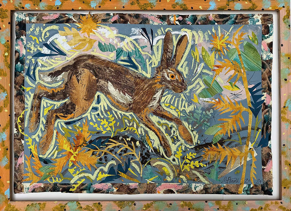 ‘Bounding Hare’ – mixed media collage in painted frame – Mark Hearld