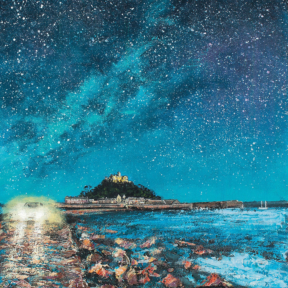 Starry night over the sea with a glowing car on a rocky path. Castle on a hill in the distance. Vibrant blues and whites with a serene mood. Painting by Daine Griffiths.