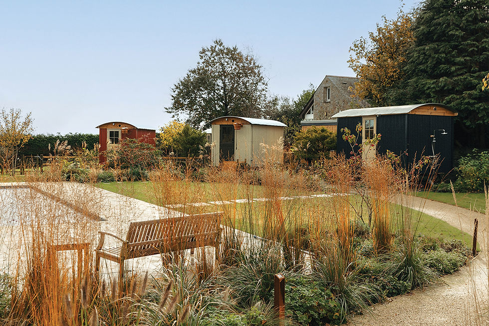 Landscaped garden with curving paths, benches, and three small cabins beneath trees on a calm, sunny day.