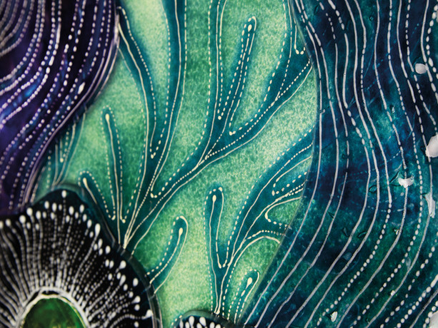 Abstract close-up of teal, green, and purple patterned fabric with white dotted leaf-like lines and circular motifs.