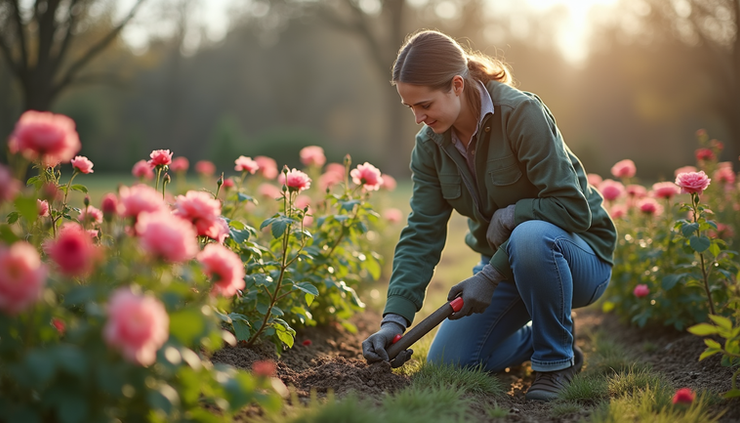 Eye-level view of a gardener pruning rose bushes in early spring