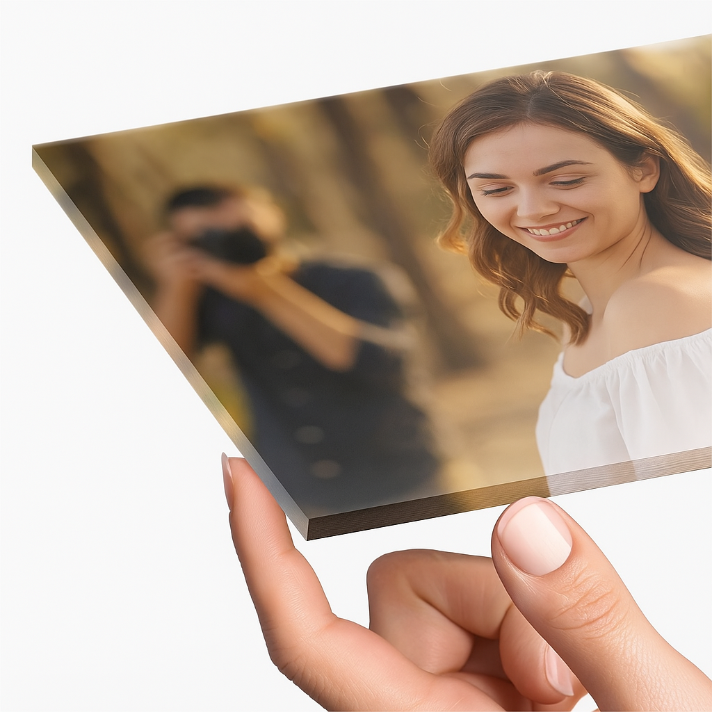 Photo acrylique sur verre, femme souriante, photographe flou