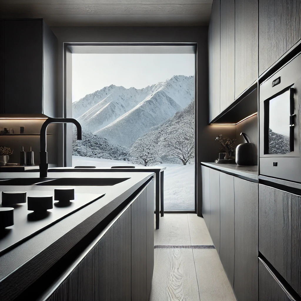 DALL·E 2024-07-18 10.26.13 - Close-up details of high-end kitchen cabinets with wabi-sabi influences in a contemporary minimalist style, combined with a window view of an outdoor 