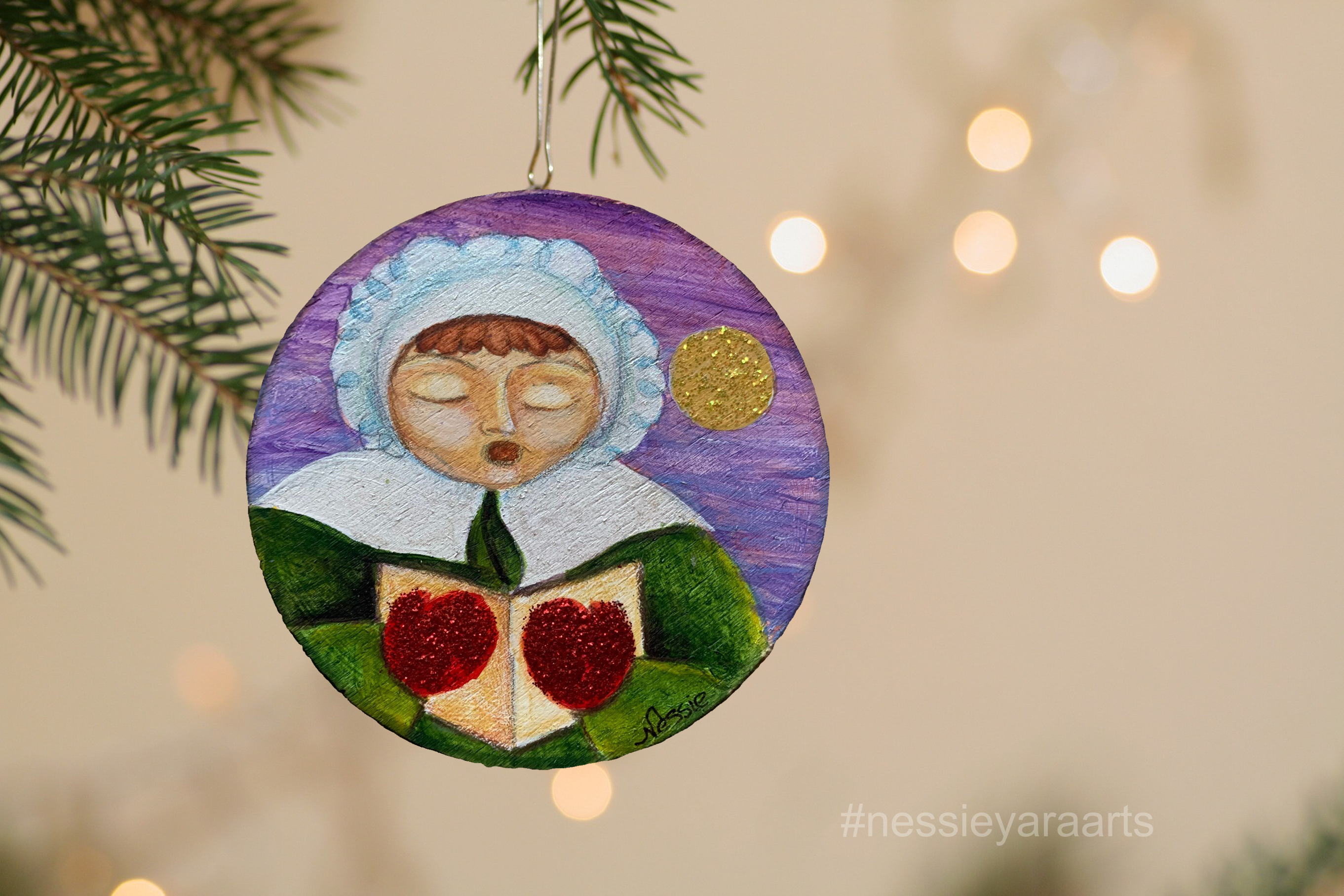 Christmas Art Ornament "Caroler girl" - hand painted on reclaimed wood