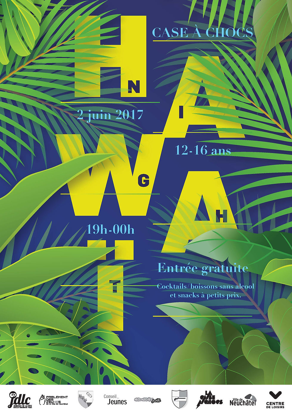 Projet d'affiche pour une soirée. Thème: Hawaï. Identifier immédiatement le type de soirée en créant un visuel faisant référence à Hawaï