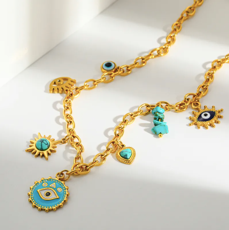 Miniatura: Collar Charms Ojitos y Turquesa
