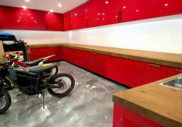 red reflective garage cabinets