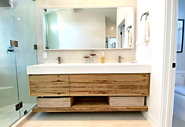 floating vanity with open cubby underneath