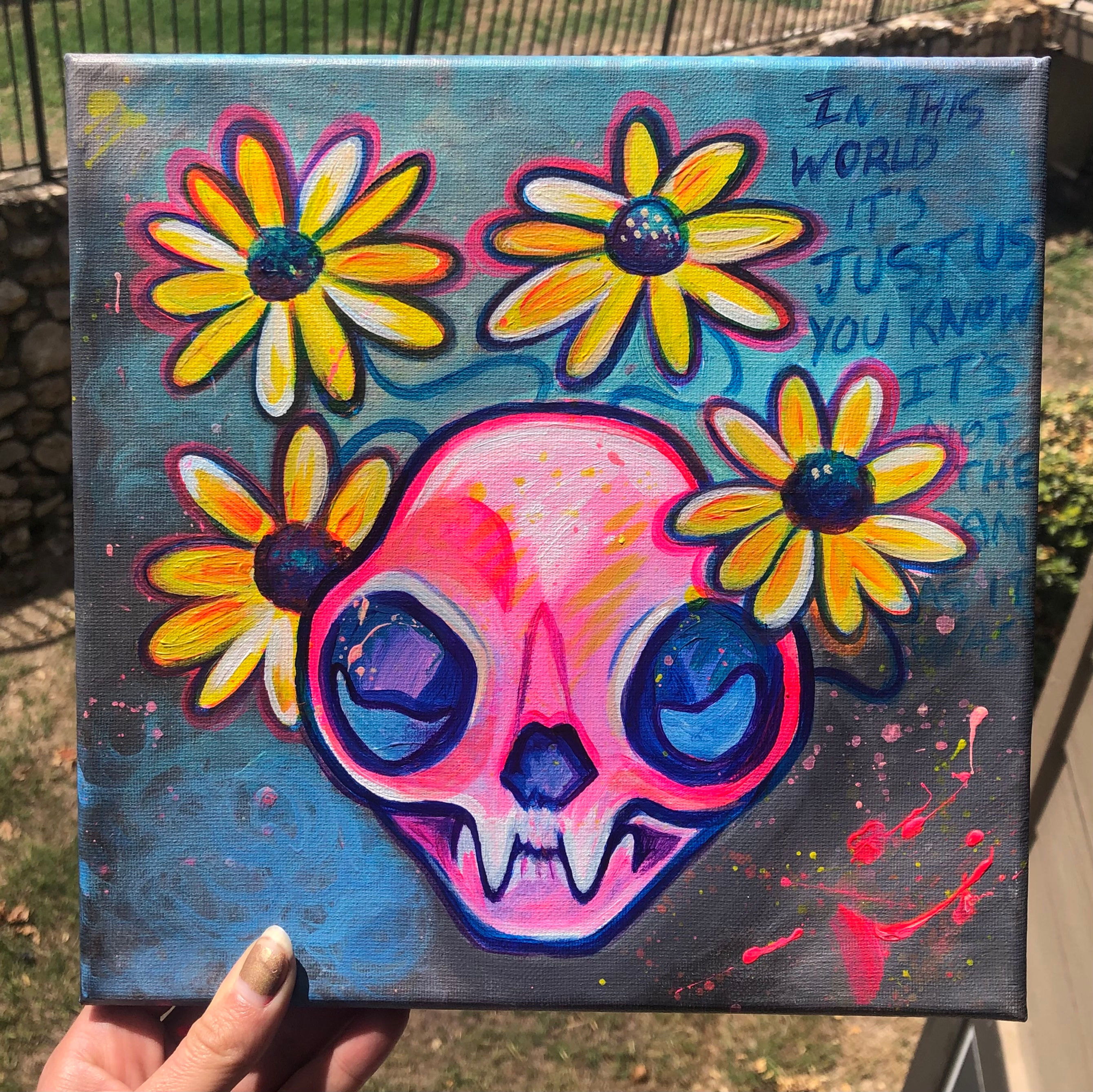 Floral Cat Skull Electricity // Acrylic // 10x10"