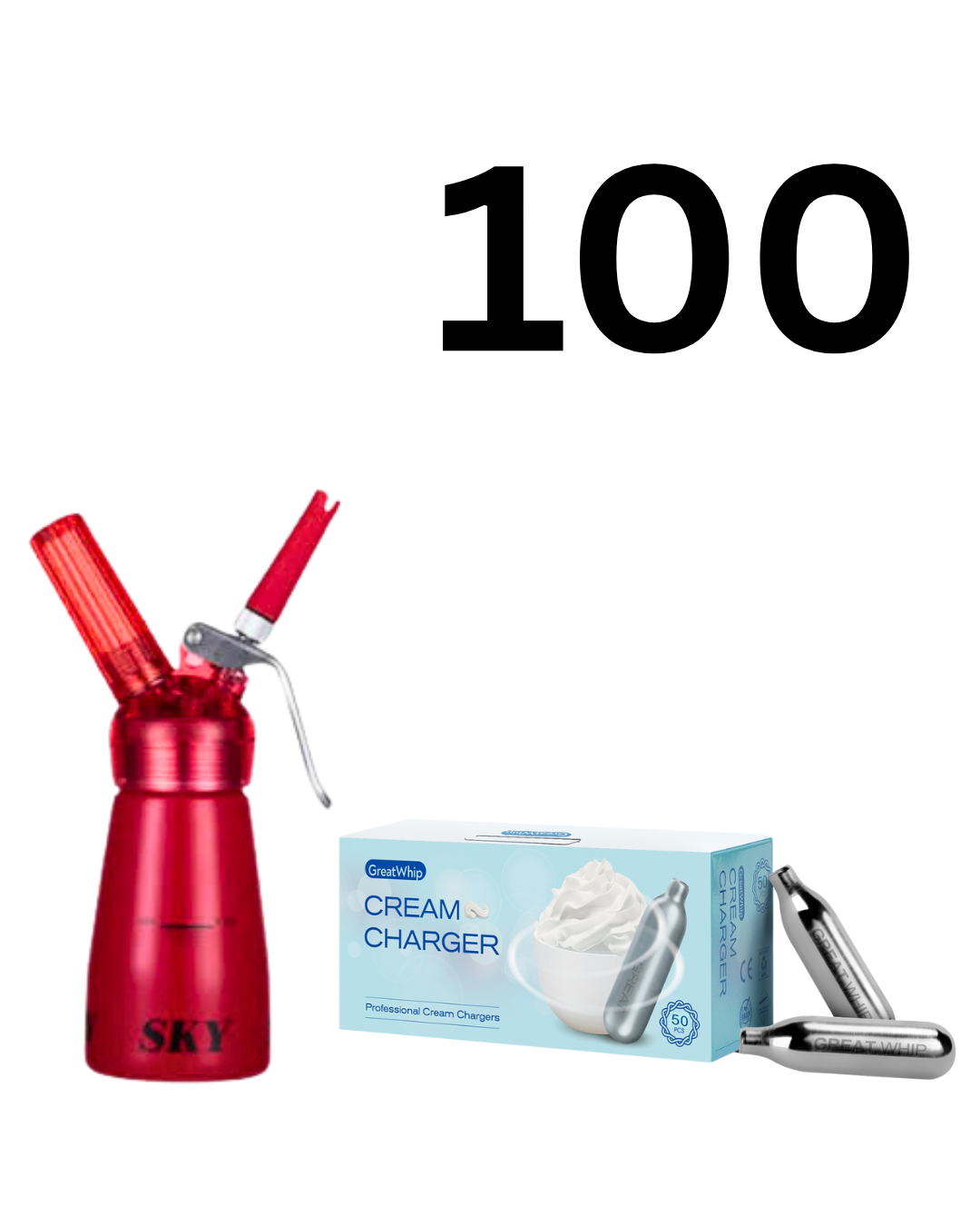 BUNDLE PACK 100 Whip Cream Chargers & Mini Dispenser