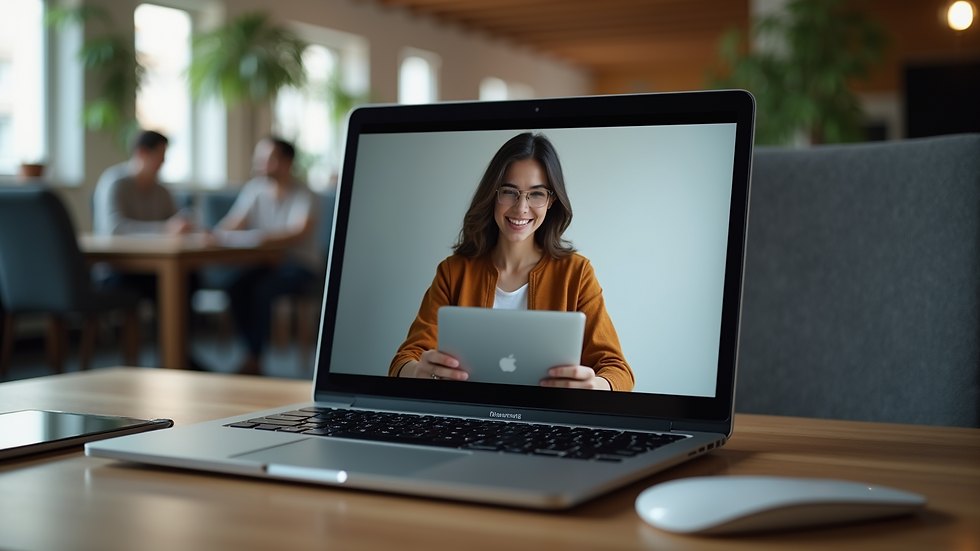 Eye-level view of a laptop displaying an online coaching session