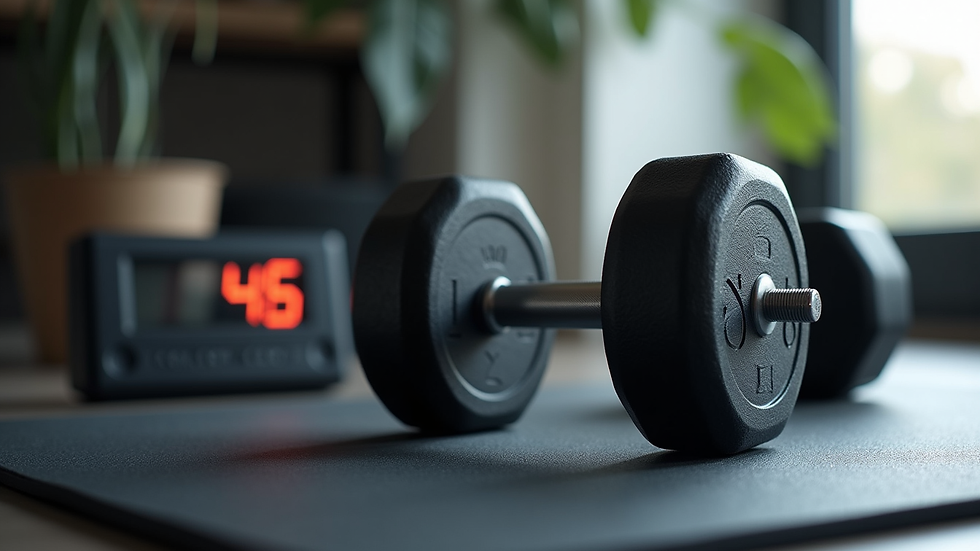 Close-up view of a dumbbell on a workout mat with a timer in the background