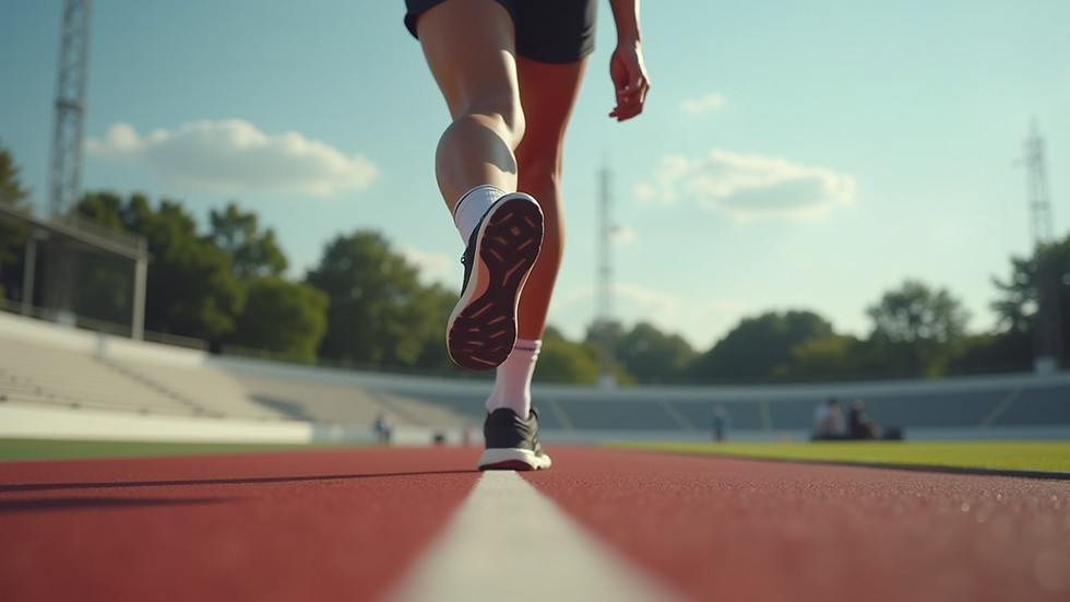 Eye-level view of a runner stretching on a track before training