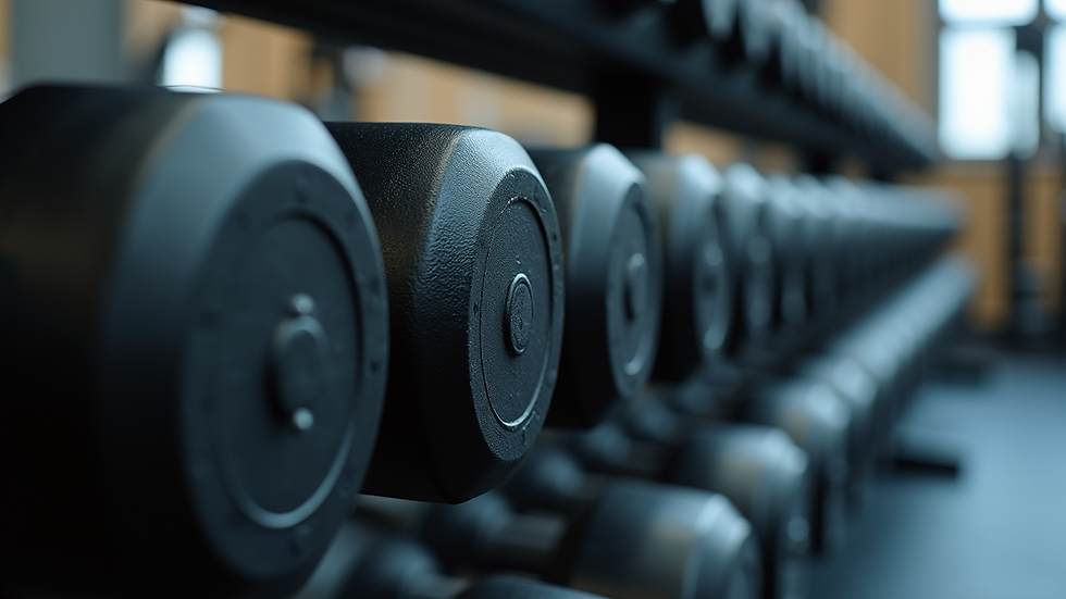 Close-up view of a dumbbell rack with various weights