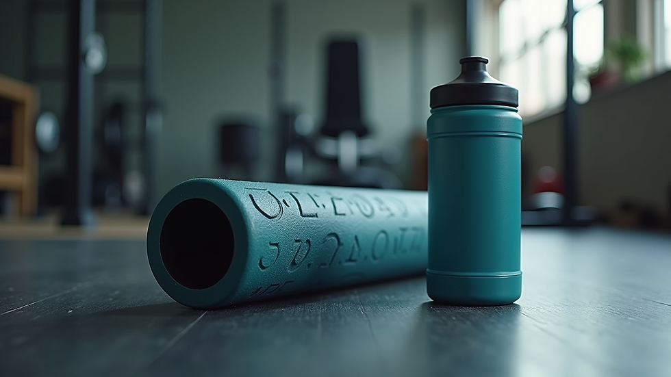 Close-up view of foam roller on a gym floor next to a water bottle
