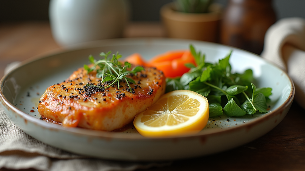 Close-up view of a healthy meal with lean protein and vegetables