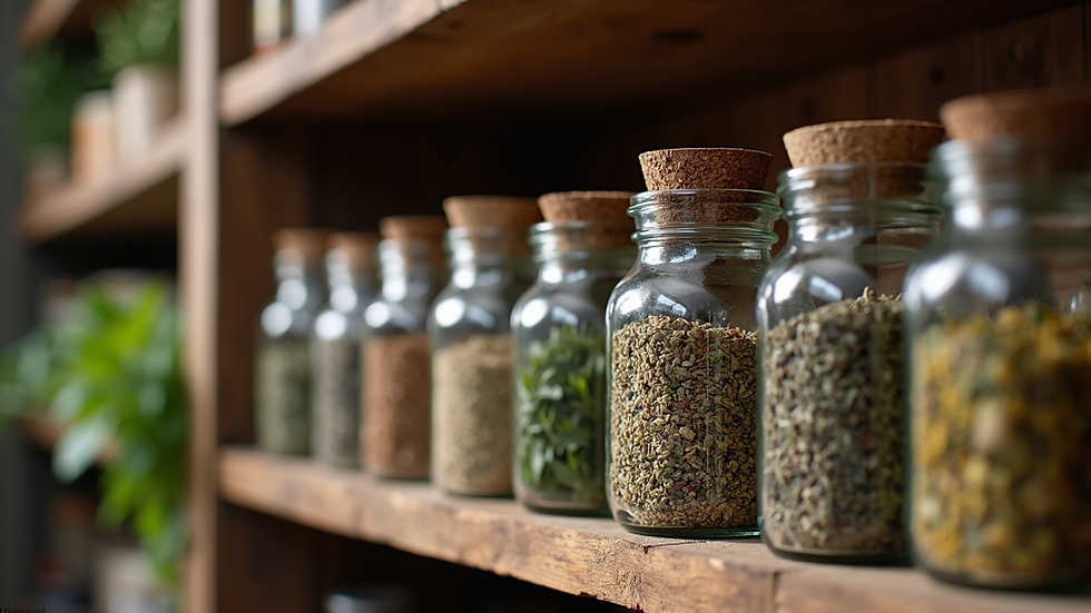 Eye-level view of a rustic wooden shelf filled with jars of dried herbs