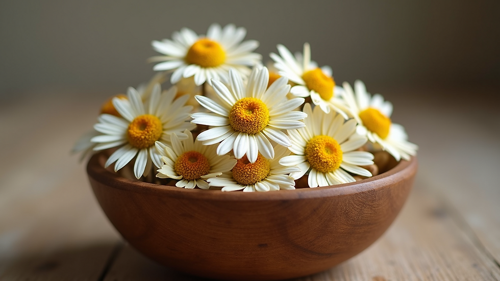Close-up view of dried chamomile flowers in a wooden bowl