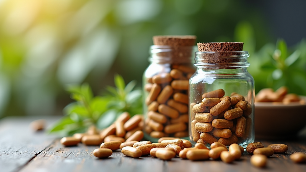 Close-up view of natural herbal supplements in glass jars