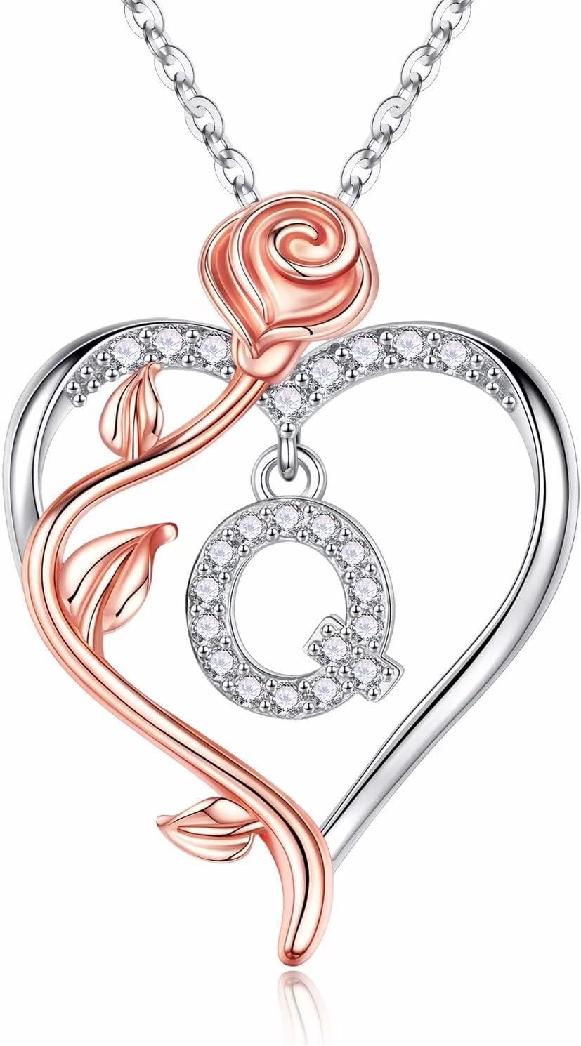 Thumbnail: Iefil Rose Heart Necklaces Gifts for Women - 925 Sterling Silver Rose Heart Ini